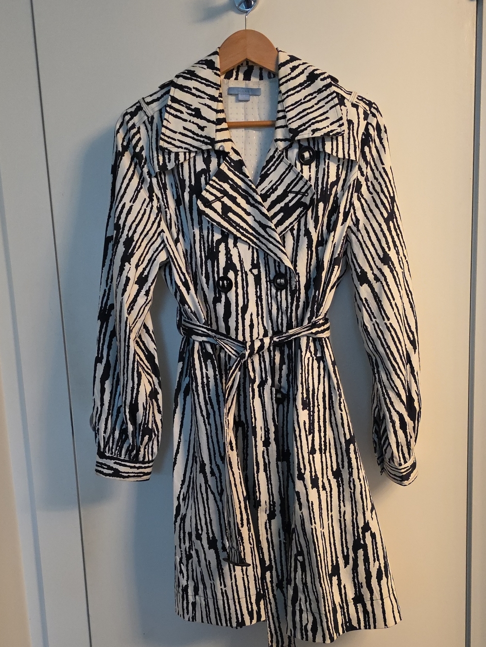Black & White Striped Tie-Waist Trench Coat